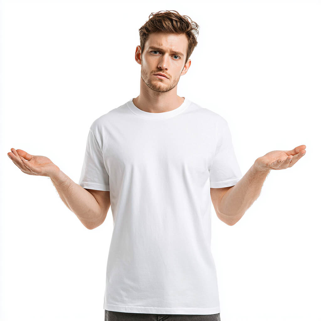 Model in standard T-shirt with poor proportions